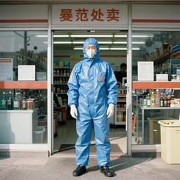 a man wearing a blue hazmat suit, standing outside of a convenience store, sunny day, photograph, film still, panavision panaflex