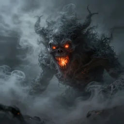 a beautiful terrifying monster of ash and smoke, eyes and mouth glowing like burning embers. ethereal horror fantasy art by greg rutkowski