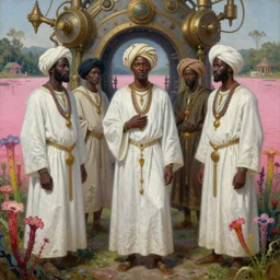 african moors in white robes and intricate turbans. natural steampunk portal. pink lake. colorful carnivorous flowers. by thomas blackshear, zdislaw beksinki, alex grey, thomas kinkade. oil on canvas. radiant lighting. highly detailed and intricate environment.