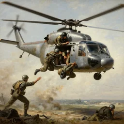 a painting of soldiers falling out of a helicopter in the gulf war by Bernardo Bellotto, high detail, hyperrealistic, concept art, artstation, 8k