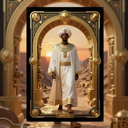 symmetry!! an african moor wearing white robes and turban in the valley of the kings at sunset. ornate, golden, steampunk stargate. front game card. marvel comics. dark. intricate. highly detailed. smooth. artstation. digital illustration by ruan jia, mandy jurgens, artgerm, wayne barlowe, greg rutkowski, and zdislaw beksinski. cinematic lighting