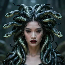 beautiful insanely detailed color portrait of a dark and mysterious Medusa with all snake heads looking toward camera, in the style of Greg Rutkowski, 35mm, cinematic shot, photorealistic, hard light, depth of field