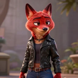 upper body shot of a red anthropomorphic female wolf, wearing a black leather jacket and denim pants, octane render, detailed, brawl stars, unreal engine 5, cinema 4 d cinematic, artstation, in the style of zootopia