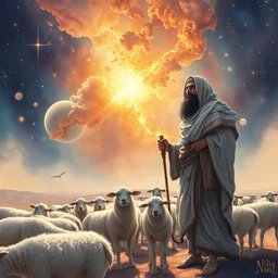 bedouin father with his family herding sheeps, surrounded by nebula, highly detailed, gold filigree, romantic storybook fantasy, soft cinematic lighting, award, disney concept art watercolor illustration by mandy jurgens and alphonse mucha and alena aenami, pastel color palette, featured on artstation
