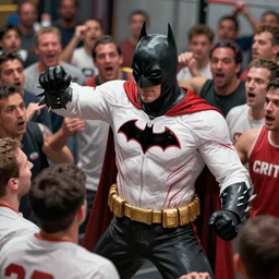 dark old crossfit batman redesigned by cristian sauret fighting a large crowd, white jacket with fine red design details, cinematic lighting, global ilumination, sharp focus, vivid color scheme, hyper realistic digital painting fantasy art by cristian sauret, greg rutkowski, lee bermejo, artgerm and clay mann