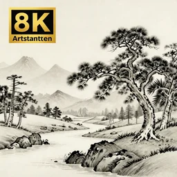 old japanese landscape with curved trees and rocks, detailed, high quality, trending on artstation, 8 k, award winning