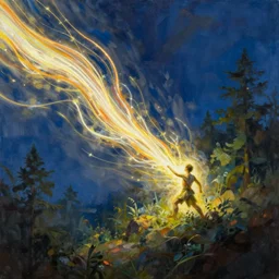 a bright energy stream flowing left to right. it flows through a figure in the center who is in control. | painting by craig mullins. the composition and color are different on the left and right sides