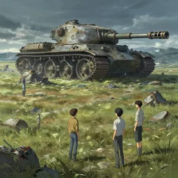 concept art of an open field with ruined dieselpunk orcish tanks in the background, key visual, ambient lighting, highly detailed, digital painting, artstation, concept art, sharp focus, by makoto shinkai and akihiko yoshida and hidari and wlop