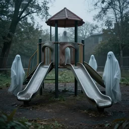 a run - down playground where the only inhabitants and ethereal ghosts, portra 4 0 0, hyper realistic, creepy