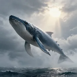 giant mythical leviathan flying across the ocean, trending on artstation, digital art, fog, sun flare, rain