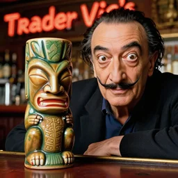 a closeup photorealistic photograph of distinguished salvador dali at trader vic's bar sitting next to a trader vic's style tiki mug featuring the face of salvador dali. tiki culture. bright scene. 4 k hd image that's trending on artstation, featured on behance, well rendered, extra crisp, features epic composition and the style of unreal engine.