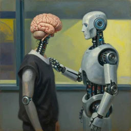 brain transplant from human to robot, dystopian, pj crook, edward hopper, oil on canvas
