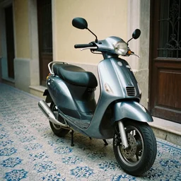 a photo of a shiny motorbike standing tight in a coridor with portugese tile on the floor, shot on film, 3 5 mm, cinematic