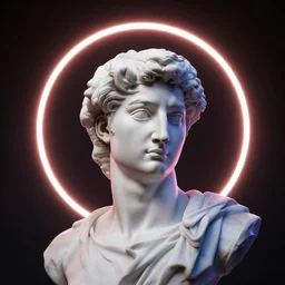 a neon circle surrounding the head of a renaissance statue, 3 d render