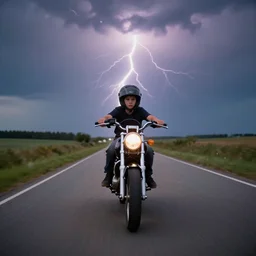 young boy riding his motorcycle on a country road, worms - eye - view, lightning in the sky, zoom lens, bokeh, iconic photo by morten krogvold