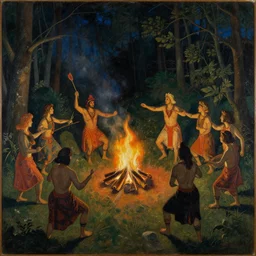 pagan dance ritual around a fire in the forest, by ernst ludwig kirchner [ wide painting ]
