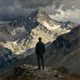scene with figure in the mountains. painting by neo rauch