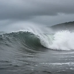 A realistic photo of a big water wave, water particles, foggy landscape, stormy clouds