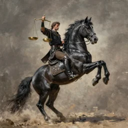 the first horseman of the apocalypse is riding a strong big black stallion, horse is up on its hind legs, the strong male rider is carrying the scales of justice, beautiful artwork by artgerm and rutkowski, breathtaking, beautifully lit, dramatic, full view