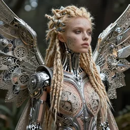 astonishingly beautiful young angelic biomechanical female blonde dread cyborg, realistic skin, geometrical octagonal lace tattoo, alexander mcqueen, art nouveau fashion embroidered, futuristic android jones style steampunk, futuristic trippy hippie, punk, craftsmanship, intricate silver filigree details, hexagonal mesh wire, mandelbrot fractal mandala lsd, dmt, alex grey, giger, hyper real, photo realistic