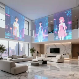 interior of luxury condominium with minimalist furniture and 3 d holographic projections | marble floors and very high ceilings, cyberpunk cityscape by makoto shinkai, ilya kuvshinov, lois van baarle, rossdraws and frank lloyd wright