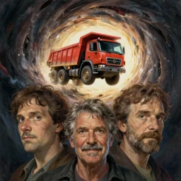 a film still portrait of a dump truck flying through a worm hole. finely detailed features, closeup at the faces, chronenberg, perfect art, grimdark, trending on pixiv fanbox, painted by studio ghibli