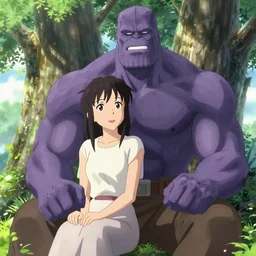 photorealistic Thanos meets a beautiful smiling photorealistic Thanos sitting under a tree, anime key visual, digital art, anime screenshot, kyoto animation, makoto shinkai, trending on artstation
