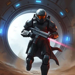 armor - plated soldier carrying a plasma rifle, running through a stargate, art by emmanuel shiu