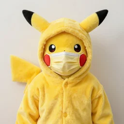 wearing a pikachu pj and a yellow surgical mask