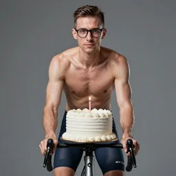 portrait of a short man wearing glasses & cycling shorts with a birthday cake, gay, elegant, real life skin, intricate, high detailed, artstation, concept art, smooth, sharp focus, art by artgerm and greg rutkowski