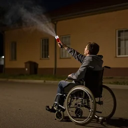A disabled person in a wheelchair throws a Molotov cocktail into the building at night. Urban landscape