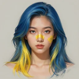 filipino girl blue - yellow hair nose tape, intricate, elegant, highly detailed, my rendition, digital painting, artstation, concept art, smooth, sharp focus, illustration, art by aaron horkry and ralph mcquarrie, symmetry!!