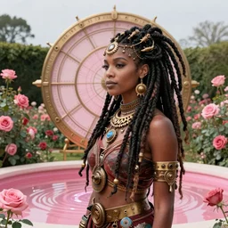 a masterpiece portrait of a voodoo priestess with dreadlocks and a steampunk stargate in a rose garden with a pink reflective pool, by Zdzislaw Beksinski and greg rutkowski and android jones and thomas kinkade in a surreal portrait style, oil on canvas, 8k, hd,