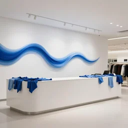 wide angle photo of the department store counter using the waves as a design concept, white paint and various blues cloth, modernism, minimalism, cinematic, 8 k, wave, concept art, trending on artstation, gorgeous