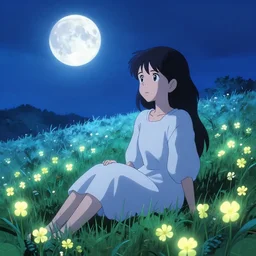 Kokomi sitting in a field of Ghibli Clover | Big Moon at Blue Night | GLOWING FLOWERS | strong blue rimlit | visual-key | anime illustration | highly detailed High resolution | in the style of Anmi