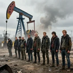 waiting in line for crude oil by simon stalenhag and gil elvgren and tom bagshaw and marc simonetti and jan miense molenaer and arthur adams, slums, highly detailed, hyperrealism, cloudy, smog, high contrast, smogpunk, oilpunk, high saturation, intricate complexity