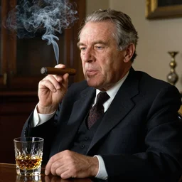 Charles Charlie Haughey the Irish Taoiseach smoking a cuban cigar and drinking whiskey with Mu'ammar Al-Qadhdhāfī in the bar in Casablanca movie, Smokey, Black and white