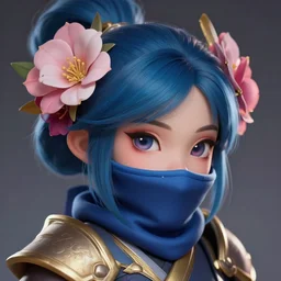 cute little portrait of a ninja with flowers in her hair wearing makeup, blue, light pink, gold and red color scheme. highly detailed, league of legends, artgerm, cushart krenz, artstation, soft light, sharp focus, illustration, character design, concept art