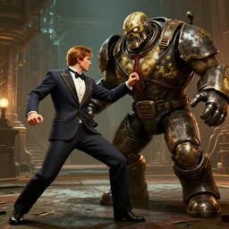isaac clarke in iconic suit in bioshock fighting a big daddy, bioshock 2, unreal engine 5, screenshot, trending on artstation