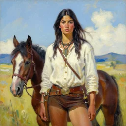 brave Cheyenne warrior woman painting in the style of Charlie Bowater
