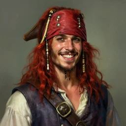 portrait of a young ruggedly handsome but joyful pirate, male, masculine, upper body, red hair, long hair, d & d, fantasy, easy go happy personality, intricate, elegant, highly detailed, digital painting, artstation, concept art, matte, sharp focus, illustration, art by artgerm and greg rutkowski and alphonse mucha