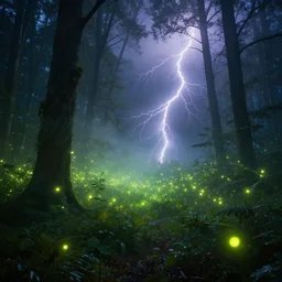 surreal psychedelic magical aura forest with fog, bright will - o - wisps and gloomy lightning strikes