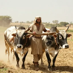 cinematic still of farmer in ancient canaanite clothing working with oxen in the field, directed by steven spielberg