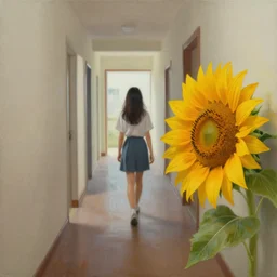 a painting of a girl walking in a hallway blocked by a giant sunflower on the floor blocking her way, artstation