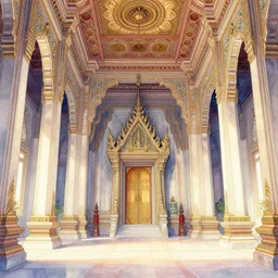 a hiper intricate watercolor of a beatiful temple enterieur, extremely detailed, sharp focus, elegant, wide view, smooth, digital illustration, colorfull, by william turner art, by greg rutowski
