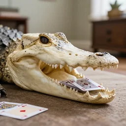 alligator skull in living room with deck of cards in mouth