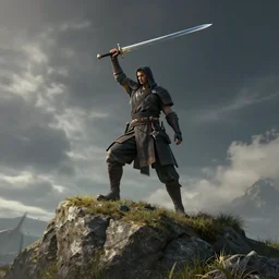 warrior holding a sword top the hill, 4 k, unreal engine, artstation, dramatic composition