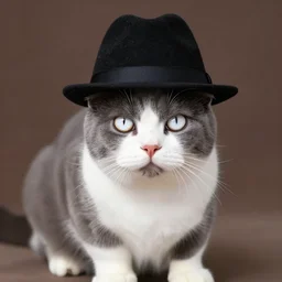 photo of a cat with gray back and legs, white muzzle and underside, using a black fedora!!! on its head, white orange eyes