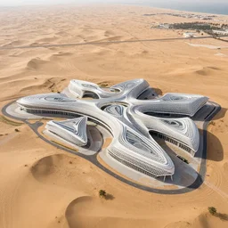 parametric structure, medical complex, in the desert beside the gulf, view from above, design by kengo kuma, dezeen, architectural photography