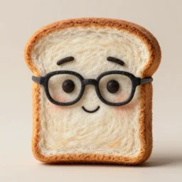 a bread toast character with eyeglasses, needle felting art